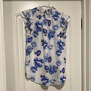 Floral Ruffle Sleeve Top - Blue and White